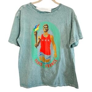 Miken 2024‎ Paris World Games Graphic T-Shirt Men's Large Green Distressed
